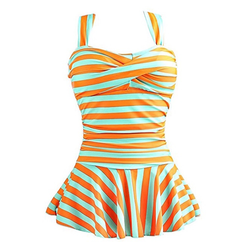 Orange and Mint Striped Flounce Swimsuit